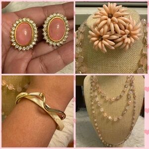 4 Piece Peach Necklace, Gold Twist Bracelet, Butler earrings, flower brooch